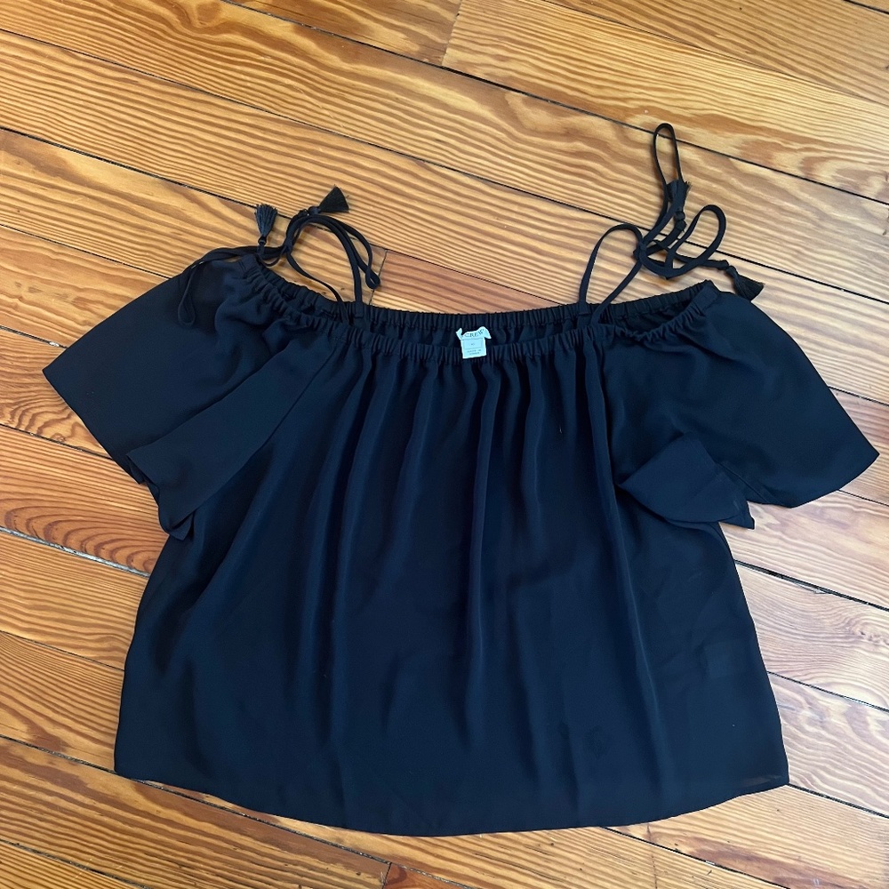 J. Crew Black Off the Shoulder Tassel Top